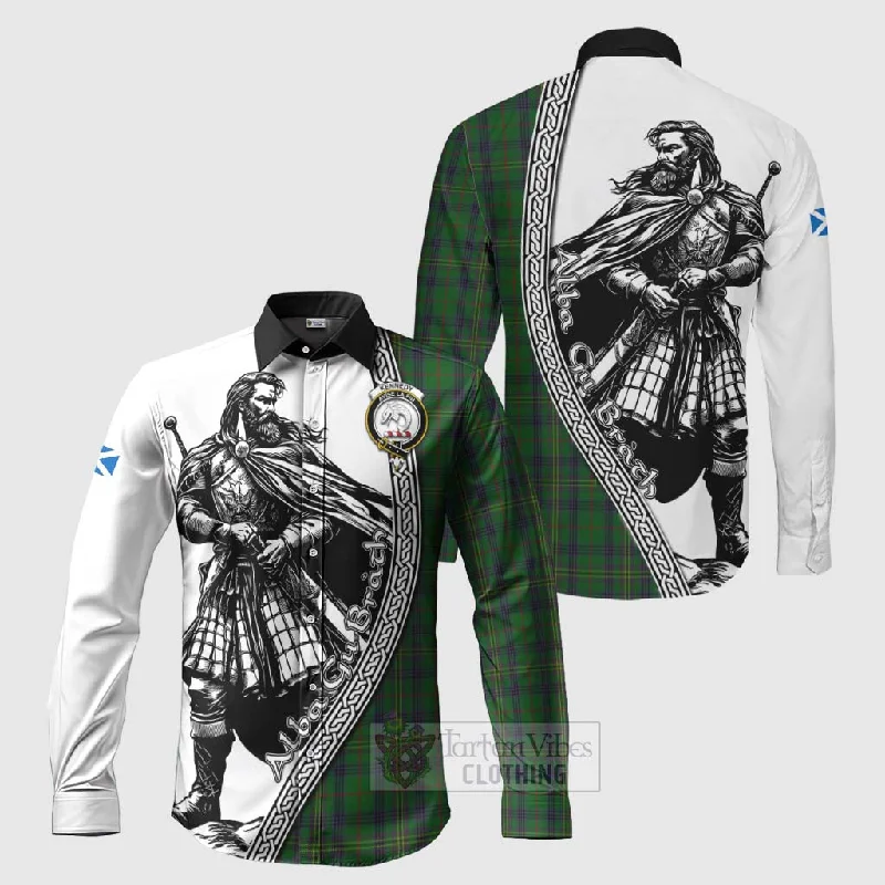 Kennedy Tartan Clan Crest Long Sleeve Button Shirt with Highlander Warrior Celtic Style