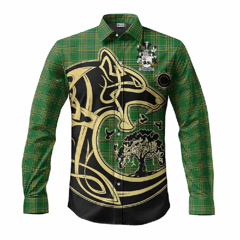 Kennelly Irish Tartan Long Sleeve Button Shirt with Coat of Arms Celtic Wolf Style