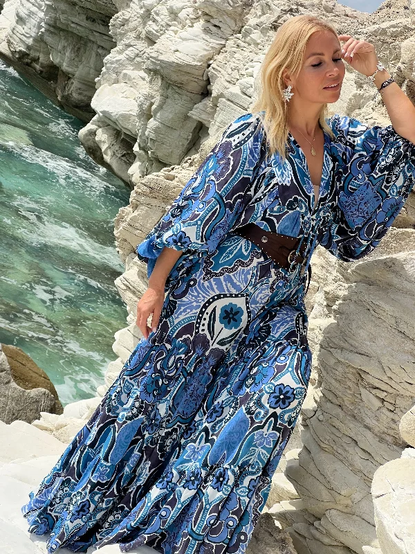 THALASSA MAXI DRESS/ blue and navy print