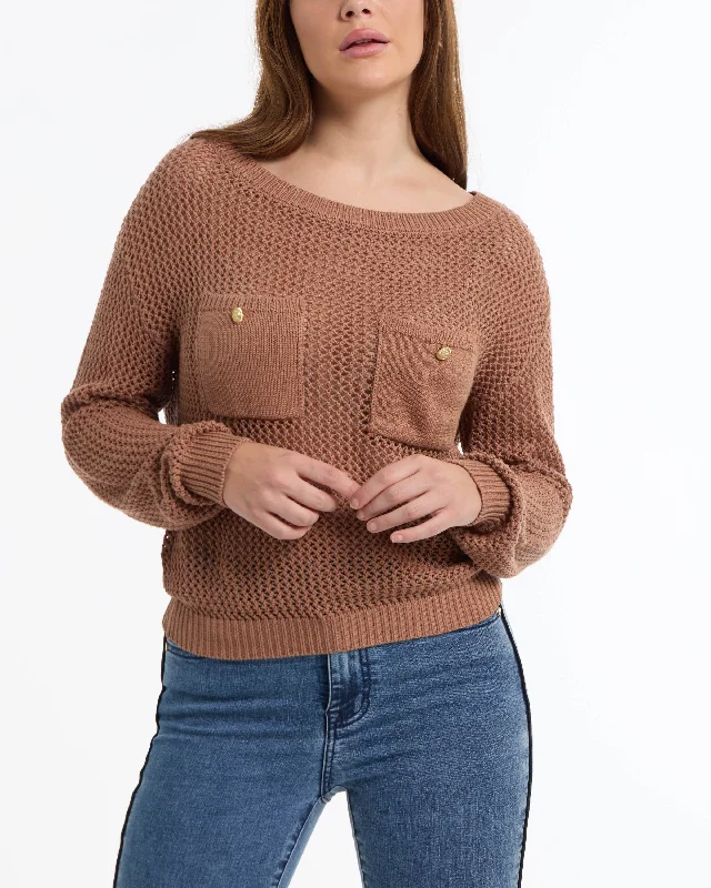 BEBE Women's Open Knit Pocket Detail Sweater Eco-friendly sweaters