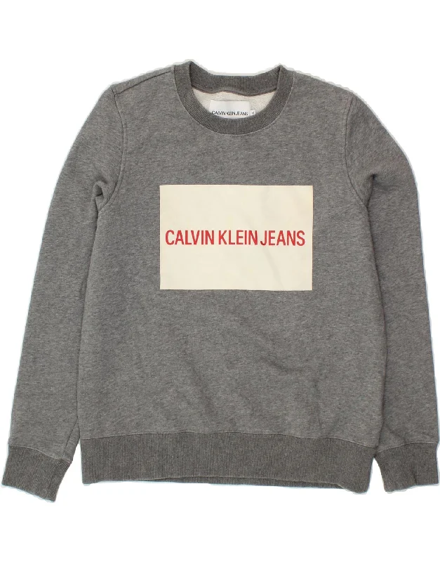 CALVIN KLEIN JEANS Womens Graphic Sweatshirt Jumper UK 14 Medium Grey V-neck sweaters