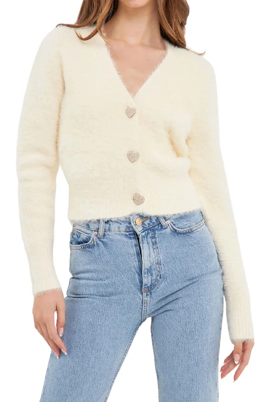 Feathered Plush Heart Buttoned Cardigan In Cream Office sweaters