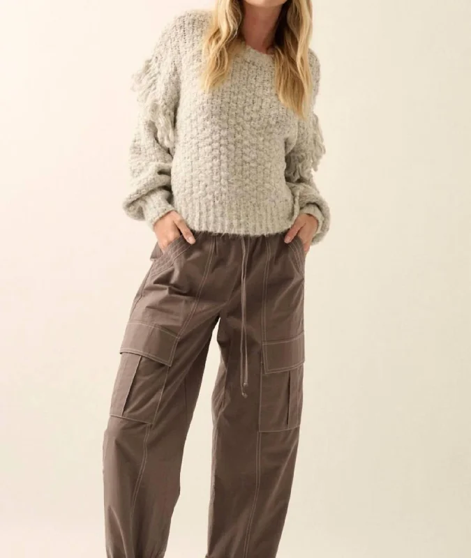 Fringed Sleeve Sweater In Grey Thermal sweaters