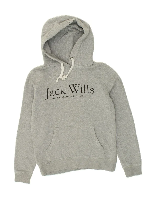 JACK WILLS Womens Graphic Hoodie Jumper UK 8 Small Grey Cotton Streetwear sweaters