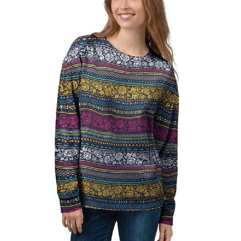Multicolor Rose Floral Abstract Tribal Aztec Women's Sweatshirt Thanksgiving sweaters