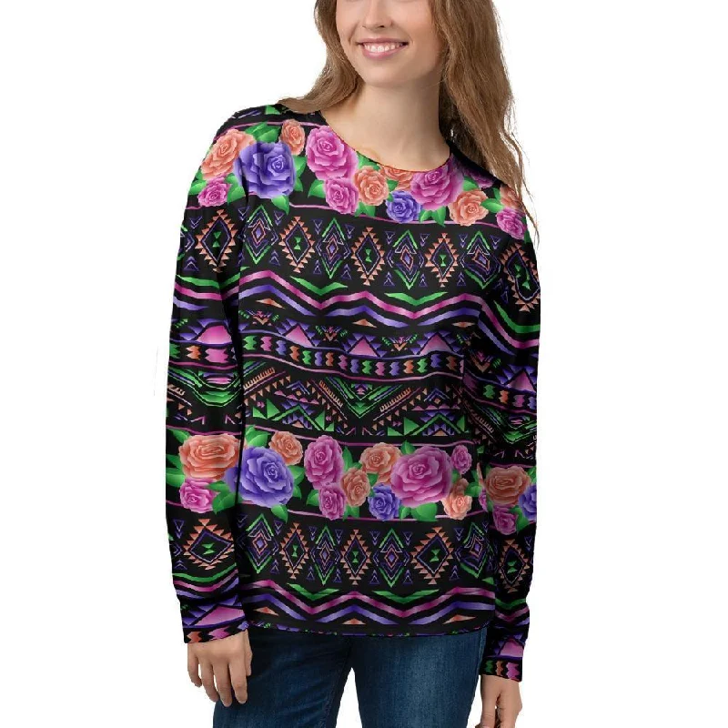 Multicolor Roses Ethnic Tribal Aztec Women's Sweatshirt Work sweaters