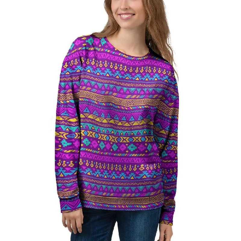Neon Multicolor Ethic Aztec Doodle Print Women's Sweatshirt Warmest sweaters for extreme cold Neon Multicolor Ethic Aztec Doodle Print Women's Sweatshirt Warmest sweaters for extreme cold