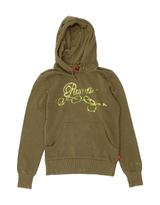 PUMA Womens Graphic Hoodie Jumper UK  8 Small Khaki Cotton Turtleneck sweaters