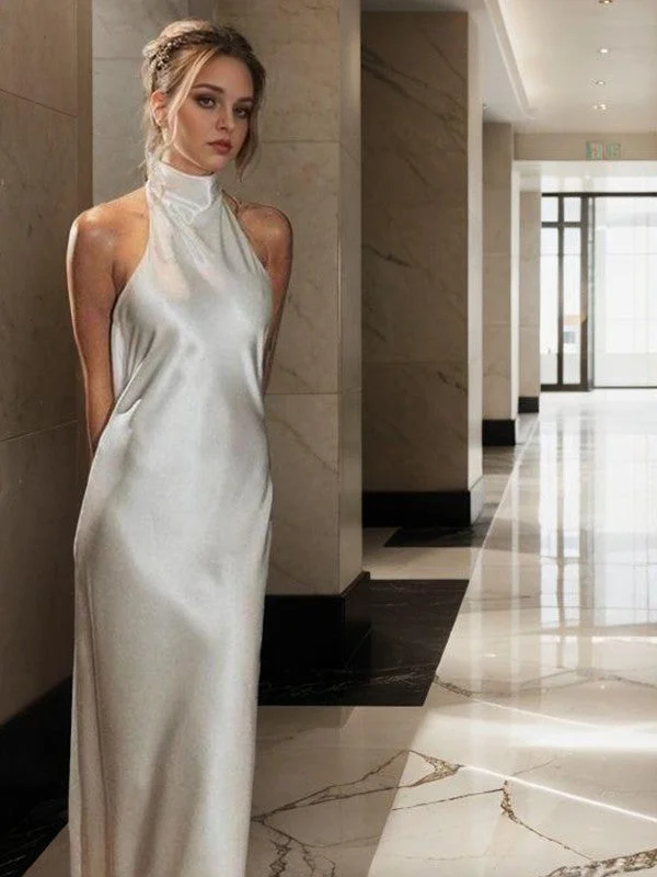 Tight neck hanging sweeping and trailing  woven satin wedding dress Lace V-neck Dress