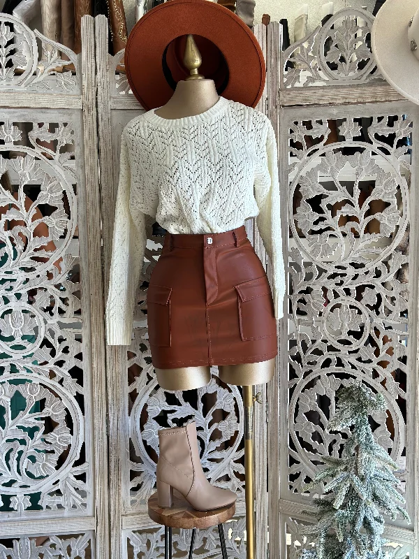 Brown Faux Leather Skirt with Pockets Leather unclassified skirts