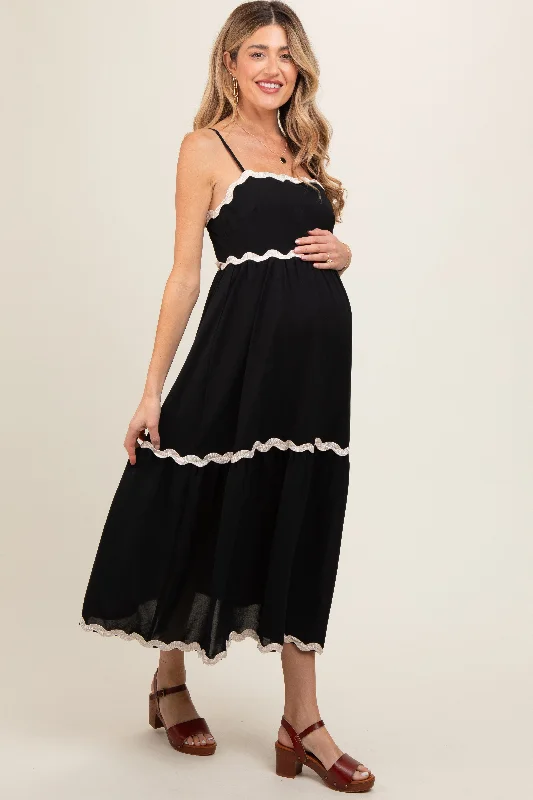 Black Ric Rac Trim Tiered Maternity Midi Dress Preppy midi dresses