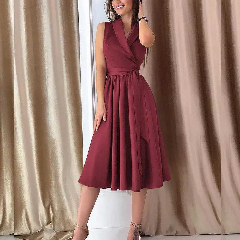Midi Dress Casual Sleeveless Belt Dress Female New Leather midi dresses