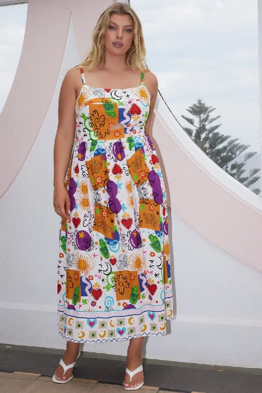 Multi Abstract Midi Dress Sleeveless Linen Blend Wedding guest midi dresses