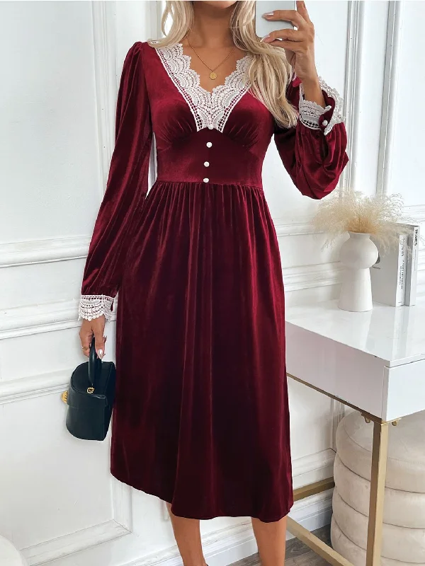 Perfee Lace Detail V-Neck Long Sleeve Midi Dress Tiered midi dresses