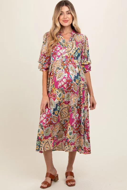 Pink Paisley Print Tiered A-Line Maternity Midi Dress Red carpet midi dresses