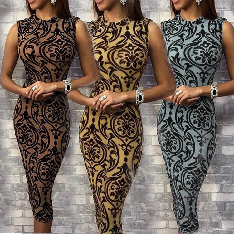 Tight Printed Sleeveless Crew Neck Midi Dress Maxi Length Midi