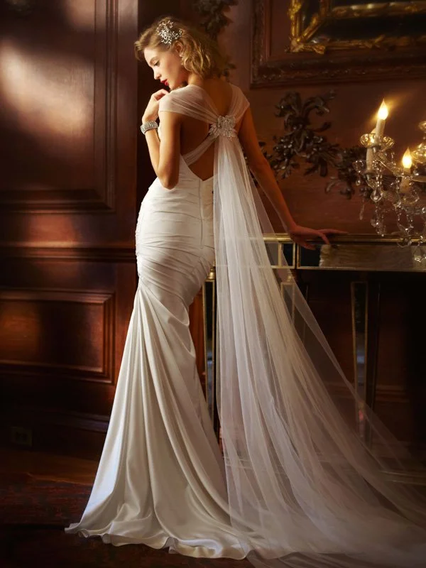 David's Bridal Galina Signature: Satin Gown with Cascading Train Color block unclassified dresses