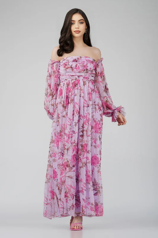 Lana Chiffon Printed Dress in Lavender Lounge unclassified dresses