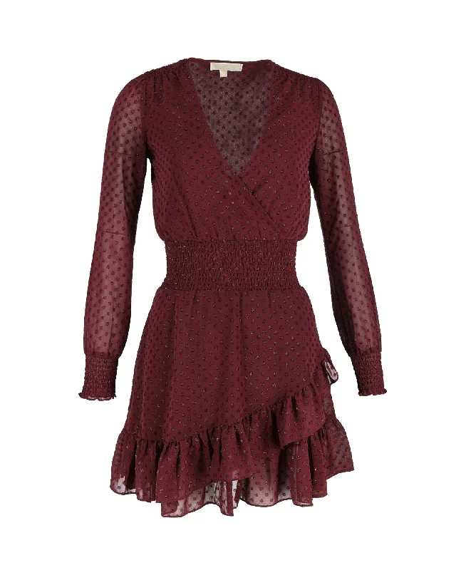 Michael Kors Clip Glitter Jacquard Smocked Dress in Burgundy Polyester Casual chic unclassified dresses