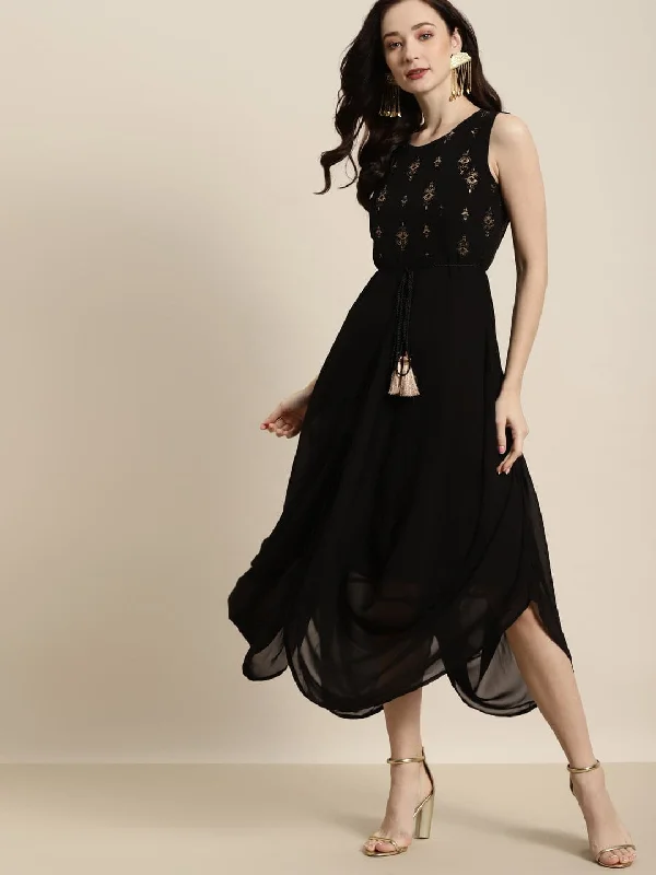 Women Black Sleeveless Foil Dhoti Dress Graduation unclassified dresses