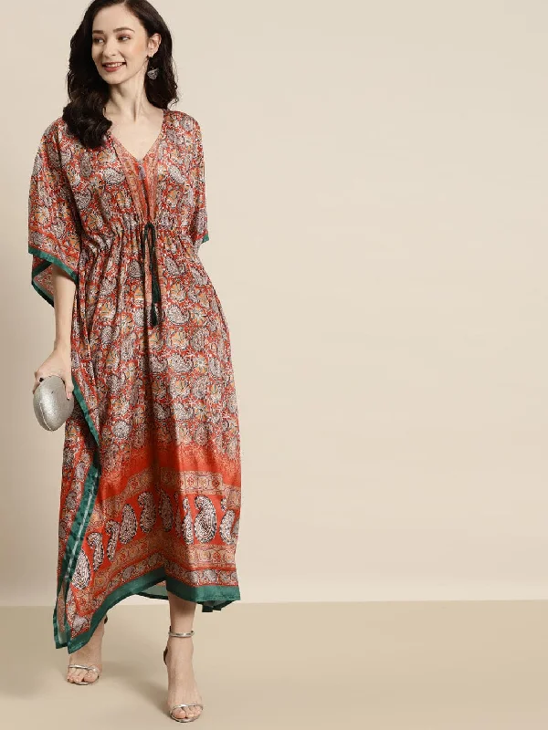 Women Orange & Green Paisely Kaftan Dress Club unclassified dresses